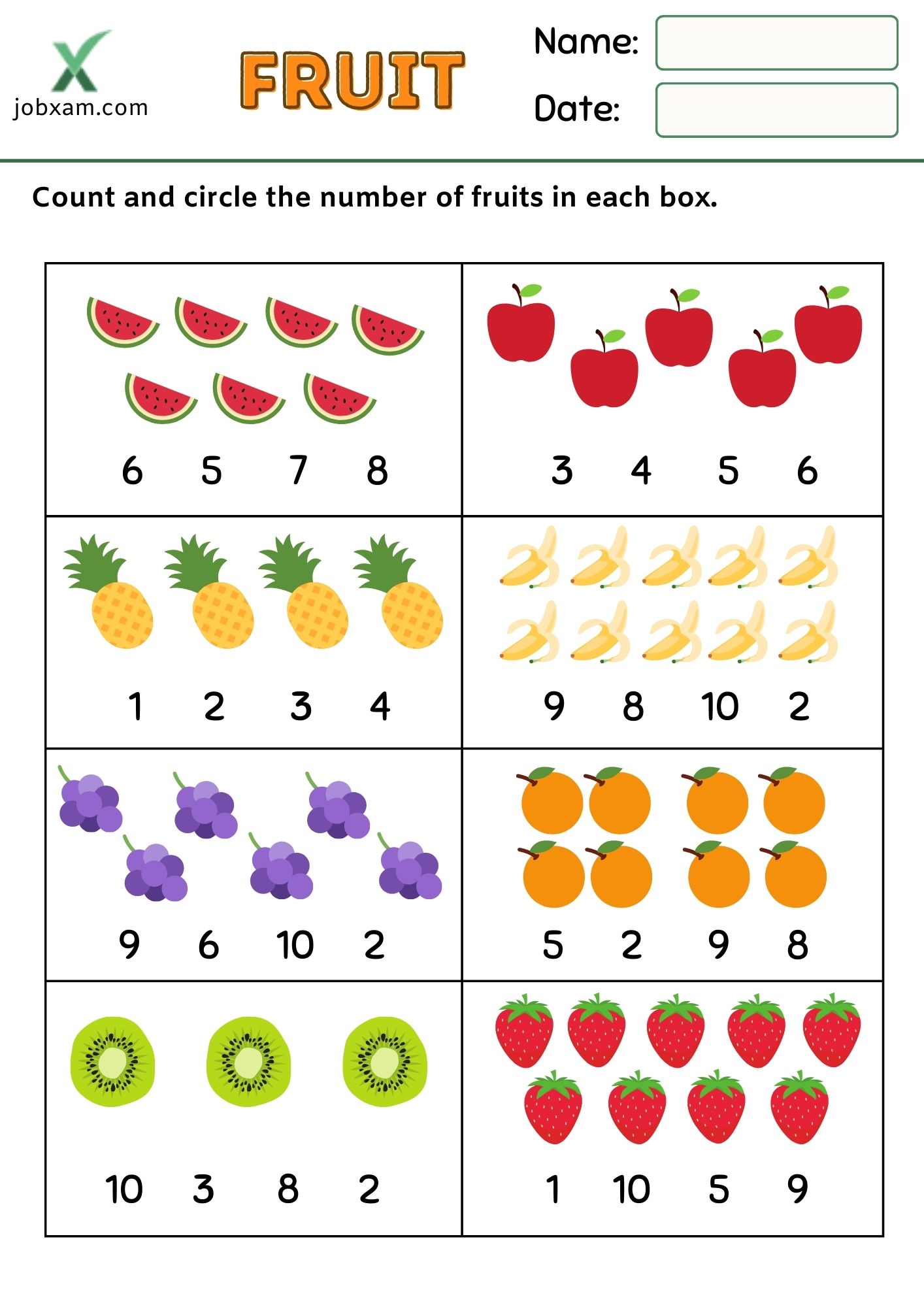 Count and circle the number of fruits in each box.